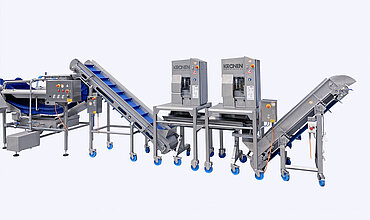 Die Apfel-Schäl- & -Schneidemaschinen AS 6 von KRONEN kann mit Austragebändern für das Gutprodukt und den Abfall ausgestattet werden.