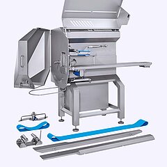 El diseño de la cortadora con banda transportadora GS 10-2 de KRONEN ha sido optimizado en términos de higiene y seguridad alimenticia.