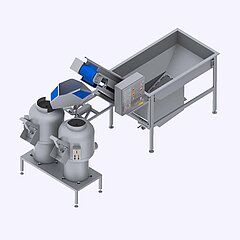 Mit dem Wasserbunkerband von KRONEN können die Kartoffelschälmaschinen aufgrund der Pufferfunktion kontinuierlich befüllt werden.
