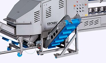 Die Top- und Tail-Maschine TT450 von KRONEN ist mit einem integrierbaren Abfallband ausstattbar.