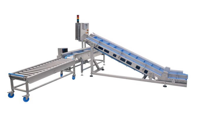 The crate weighing system KWS from KRONEN makes it possible to fill Euro standard crates in seconds with precisely weighed food products