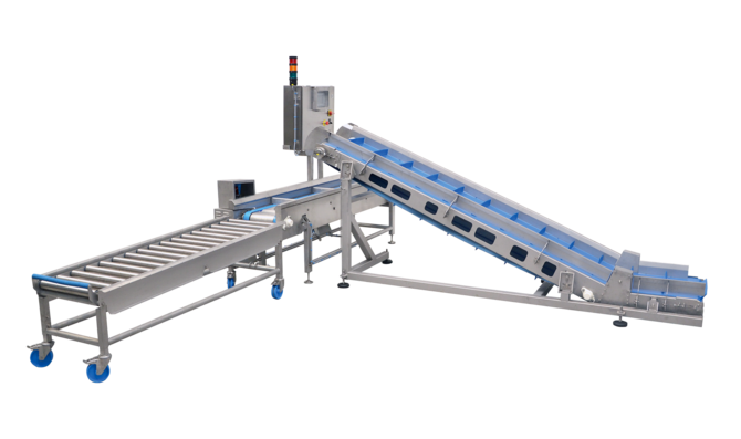 El sistema de pesaje mediante cajas KWS de KRONEN permite llenar alimentos en cuestión de segundos y pesarlos con exactitud directamente en cajas conformes a las especificaciones europeas