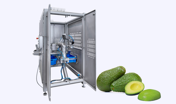 Chaîne de transformation robotisée des avocats KRONEN pour traiter jusqu’à 1.000 fruits/h : installation automatique robotisée pour dénoyauter, couper en deux et peler les avocats et différentes sortes de fruits