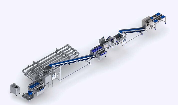 Integriert in eine Produktionslinie übernimmt der Vortex die vorgewaschenen Produkte aus GEWA Waschmaschinen.