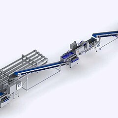 Integriert in eine Produktionslinie übernimmt der Vortex die vorgewaschenen Produkte aus GEWA Waschmaschinen.