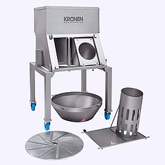 The cabbage cutting machine CAP 68 from KRONEN is very easy and quick to clean thanks to the compact and open design and easy removal of feeding tube, cutting disc and output hopper.