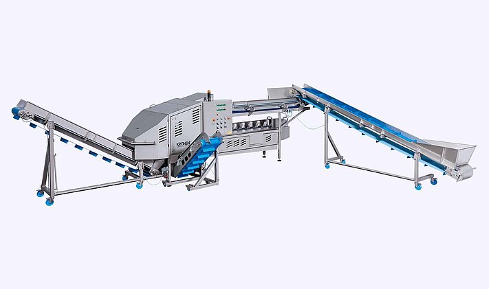 Top and tail machine TT 450 from KRONEN for process-oriented salad preparation with infeed and outfeed belts that can be integrated.