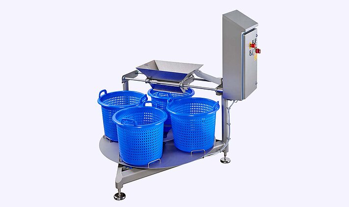 Automatisches Korbkarussell KAB mit vier Körben – Befüllung von Körben z.B. nach GEWA Plus oder HEWA Waschmaschinen