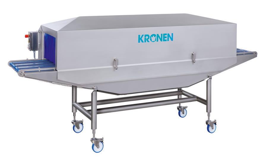 With the UVC Lock disinfection lock from KRONEN, the surfaces of packaging material, tools and food products are disinfected quickly and safely in a dry process, without heat, undesirable additives or residues