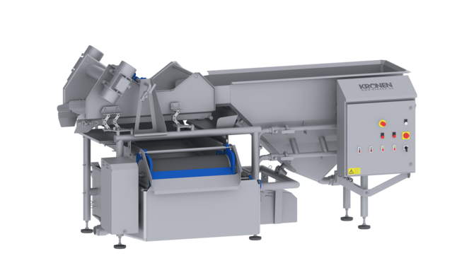 The washing machine HEWA 2600 from KRONEN for the effective, gentle and economic washing of cut and whole products (salad, vegetables, herbs, fruit etc.) up to 600 kg/h.