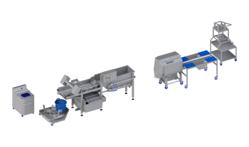 Chaîne de transformation pour les salades, les légumes et les fruits jusqu’à 400 kg/h : installation semi-automatique pour préparer, couper, laver et sécher les salades, légumes, fruits et produits végétaliens