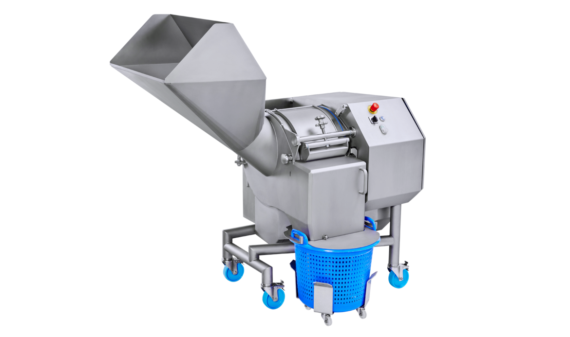 Cutting machine for dices, sticks, and slices KUJ HC-220 for cutting large quantities of vegetables, fruit, and meat – large capacity, precise cuts, even with the tiniest of dices, strips, and slices, even with delicate products