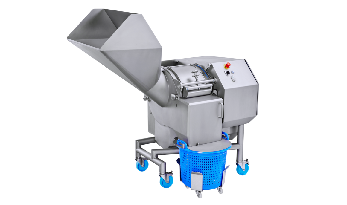 Cutting machine for dices, sticks, and slices KUJ HC-220 for cutting large quantities of vegetables, fruit, and meat – large capacity, precise cuts, even with the tiniest of dices, strips, and slices, even with delicate products