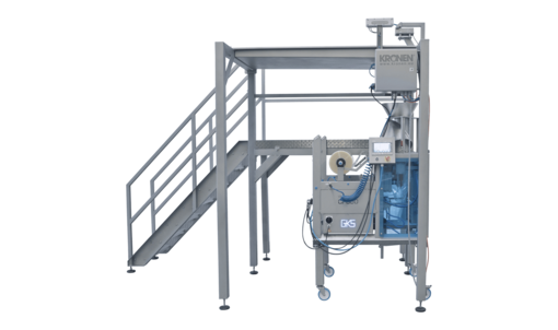 Wiegepodest KWT 16 von KRONEN für das halbautomatische, ergonomische Mischen, Wiegen und Befüllen von schüttfähigen Lebensmittel und Produkten in repräsentative Beutel