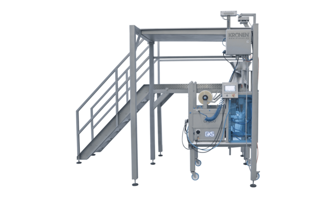 Wiegepodest KWT 16 von KRONEN für das halbautomatische, ergonomische Mischen, Wiegen und Befüllen von schüttfähigen Lebensmittel und Produkten in repräsentative Beutel