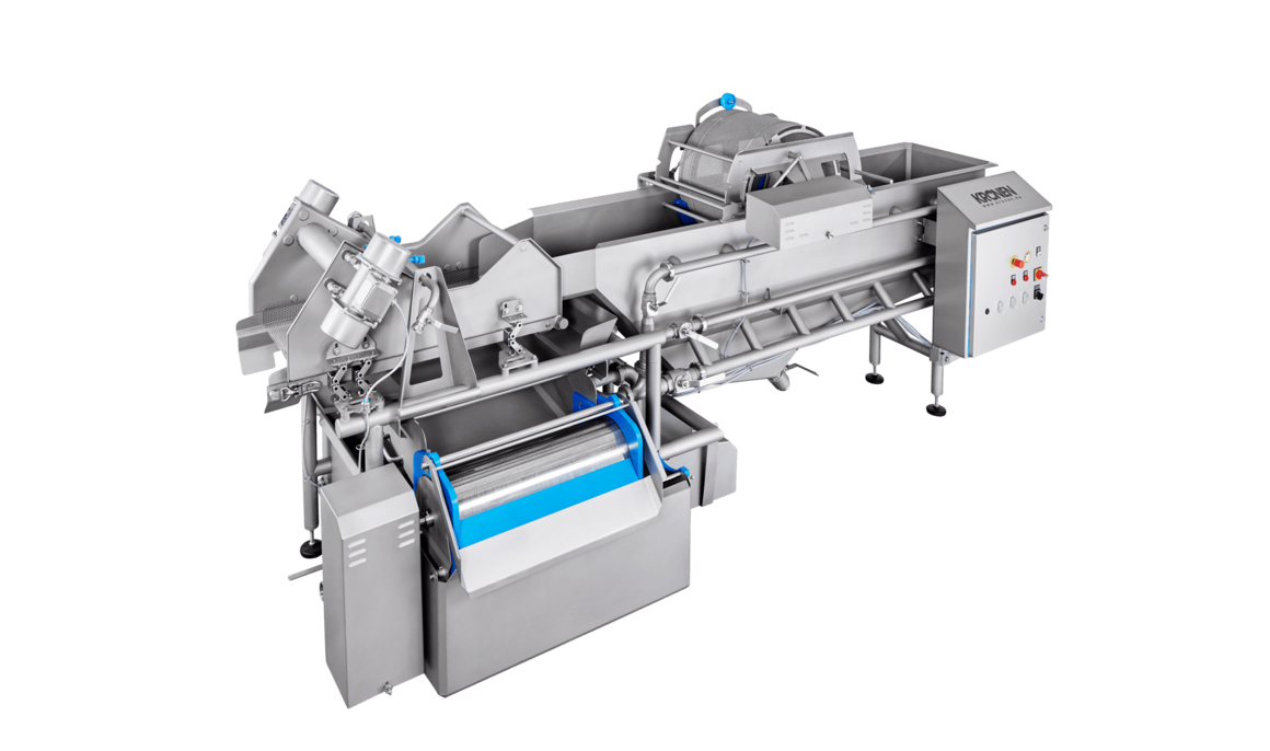 Lavadora HEWA 3800 de KRONEN para el lavado efectivo, cuidadoso y económico de productos cortados y enteros (lechuga, vegetales, hierbas, frutas, etc.) en capacidades de hasta 2,5 toneladas por hora