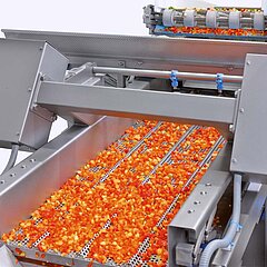 Automatisches Flotations-Trennverfahren beim Waschen mit der GEWA 3850V PLUS für Paprika: Das Verfahren ermöglicht das Sortieren während des Waschvorgangs. Es ist u.a. anwendbar bei gewürfelten oder in Streifen geschnittenen Paprika