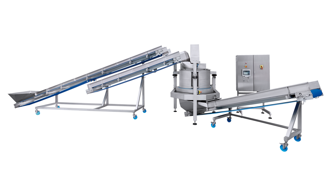 Sistema de secado K650 de KRONEN: gran instalación de centrifugado para lechugas (mezclas de ensalada, canónigos, lechuga iceberg, rúcula, etc.), hierbas, espinaca, vegetales cortados (por ejemplo, zanahoria y col), frutas y setas