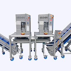 A user can increase capacities even further with two apple peeling & cutting machines AS 6 from KRONEN