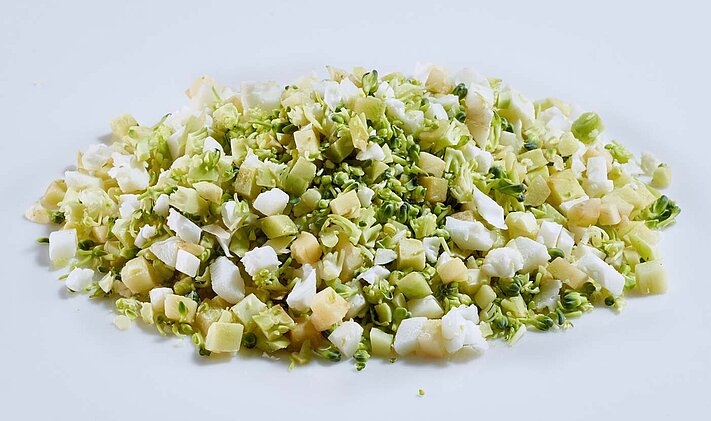 Coupeuse en dés, lamelles et tranches KUJ-V de KRONEN pour les légumes, les fruits et la viande, également pour le riz aux légumes fins de 3 x 3 x 5 mm par exemple