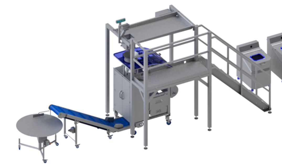 KRONEN processing and packaging line for salad and vegetables up to 1,000 kg/h: semi-automatic complete line for the cutting, washing, drying, weighing and packing of salad and vegetables