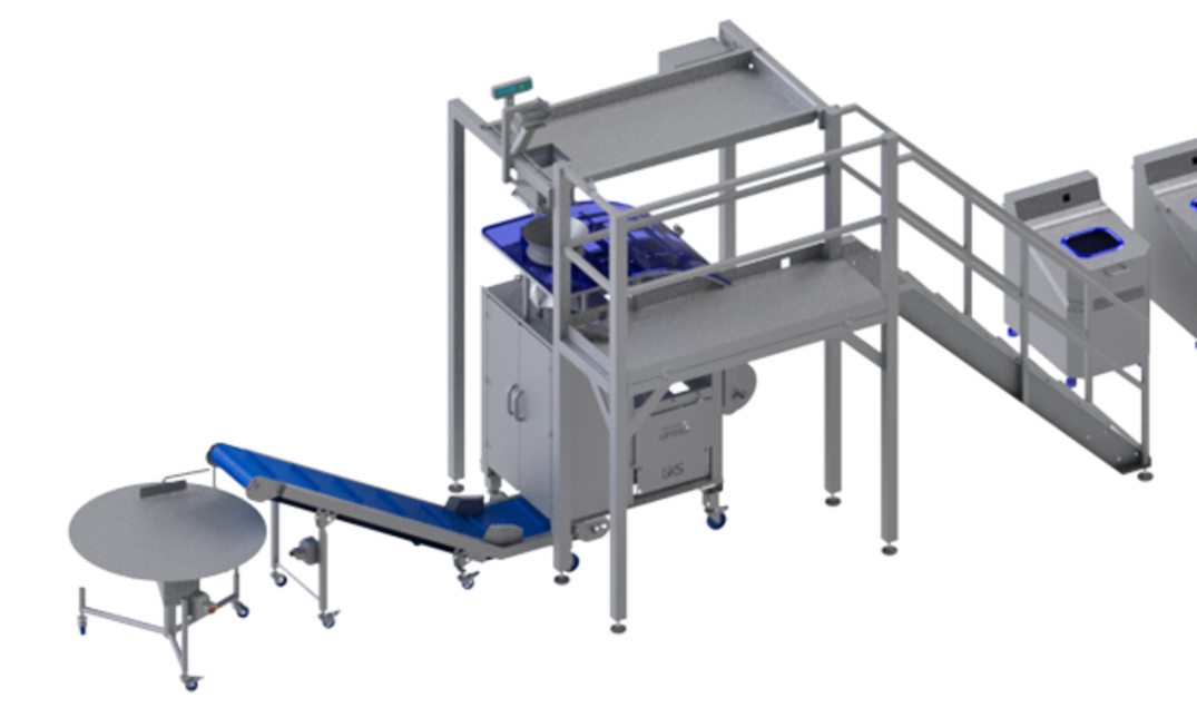 Línea procesadora y de envasado de KRONEN para hasta 1000 kg/h de lechugas y hortalizas: instalación semiautomática completa para cortar, lavar, secar, pesar y envasar lechugas y hortalizas