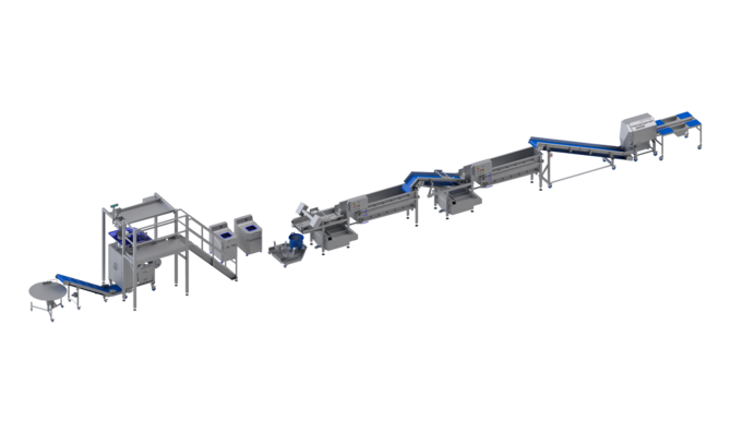 KRONEN Verarbeitungs- und Verpackungslinie für Salat und Gemüse bis 1.000 kg/h: Halbautomatische Komplettanlage zum Schneiden, Waschen, Trocknen, Verwiegen und Verpacken von Salat und Gemüse