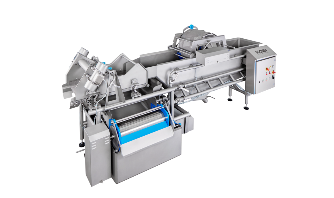 Lavadora HEWA 3800 de KRONEN para el lavado efectivo, cuidadoso y económico de productos cortados y enteros (lechuga, vegetales, hierbas, frutas, etc.) en capacidades de hasta 2,5 toneladas por hora