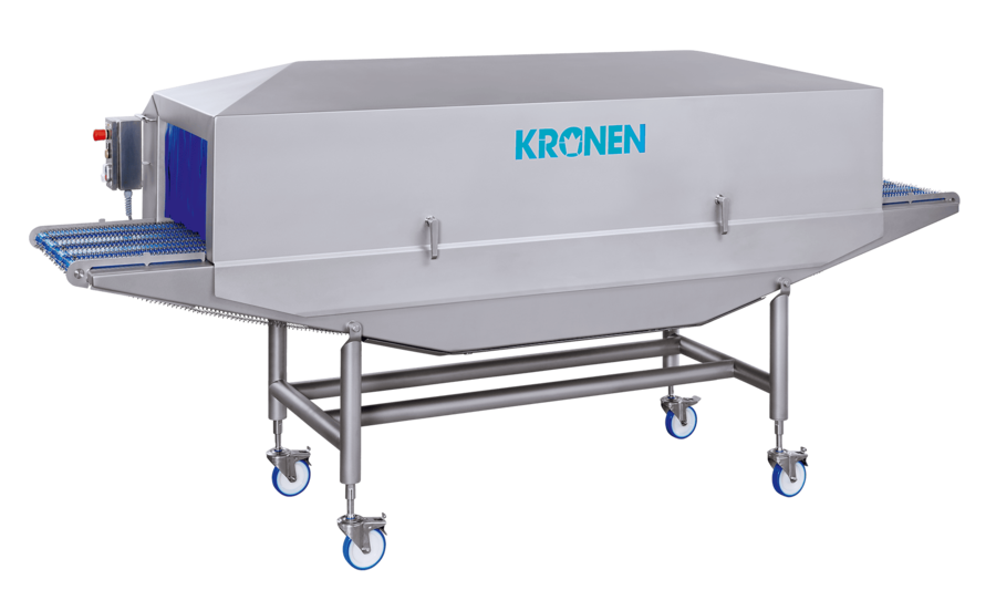 Mit der UVC-Lock Entkeimungsschleuse von KRONEN werden die Oberflächen von Verpackungsmaterial, Werkzeugen und Lebensmitteln trocken, ohne Hitzeeinwirkung und ohne unerwünschte Additive und Rückstände schnell und sicher entkeimt
