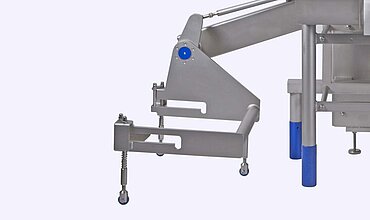Salad and delicatessen mixing machine K230 from KRONEN – the practical lifting device for ergonomic filling of the mixing machine as well as emptying of the product mixtures into a transport trolley