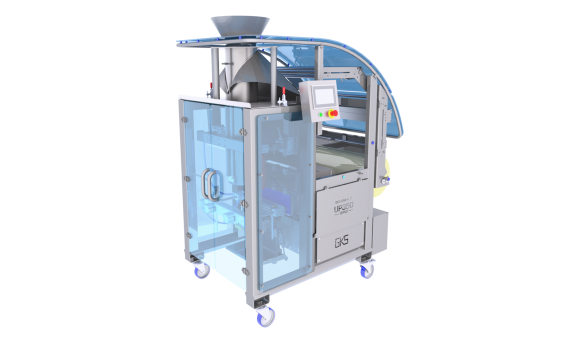 FLEX L packaging machine for the continuous packing of salad, vegetables, fruit and other products in pillow bags (further bag shapes available as options).
