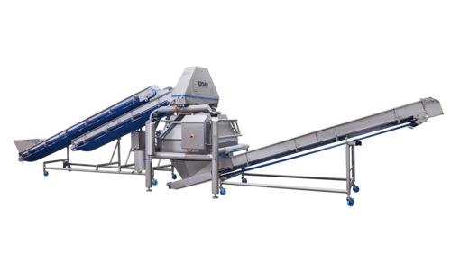 Installation de séchage K850 de KRONEN : essoreuse grande capacité jusqu’à 5 t/h notamment pour les salades (mélanges de salades, mâche, iceberg, roquette, etc.), les herbes aromatiques, les épinards, les légumes coupés (par exemple carottes et choux) et les fruits ainsi que les champignons.