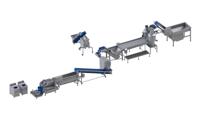 KRONEN Verarbeitungslinie für Kartoffeln, Möhren, Rüben und Sellerie bis 1.200 kg/h: halbautomatische Komplettanlage zur Kartoffel Verarbeitung