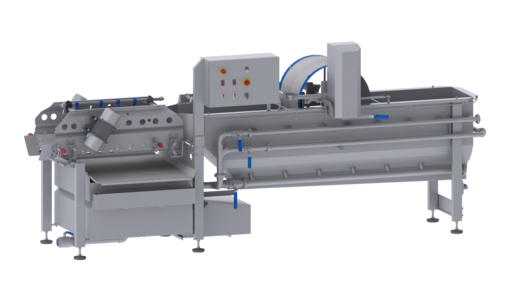 Lavado económico, eficiente y cuidadoso con la lavadora GEWA 3800 ECO de KRONEN: hasta 1000 kg/h de productos enteros y cortados (lechugas, vegetales, hierbas, frutas, etc.).