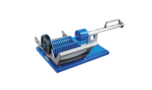 Manual pineapple chunk cutter MPC 100 from KRONEN for lightning-fast cutting of punched and cored pineapple cylinders into uniform pieces.