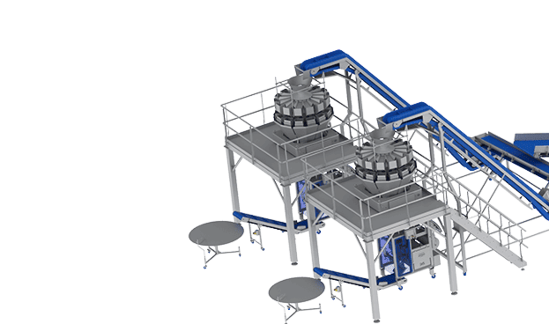 KRONEN processing and packaging line for salad and vegetables up to 2.5 t/h: automatic complete line for the coring, cutting, washing, drying, weighing and packing of salad and vegetables