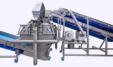 El sistema de secado K850 de KRONEN se puede equipar, opcionalmente, con una estación de eliminación previa del agua que se coloca en la banda transportadora de pulmón