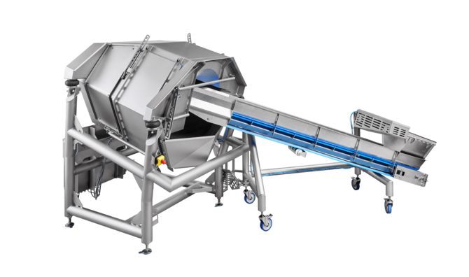 Das K1040H Trocknungssystem von KRONEN kann optimal in Verarbeitungslinien integriert werden und nasses Produkt aus einer Waschmaschine schleudern.