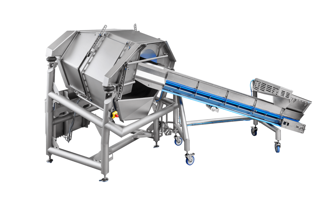 Das K1040H Trocknungssystem von KRONEN kann optimal in Verarbeitungslinien integriert werden und nasses Produkt aus einer Waschmaschine schleudern.