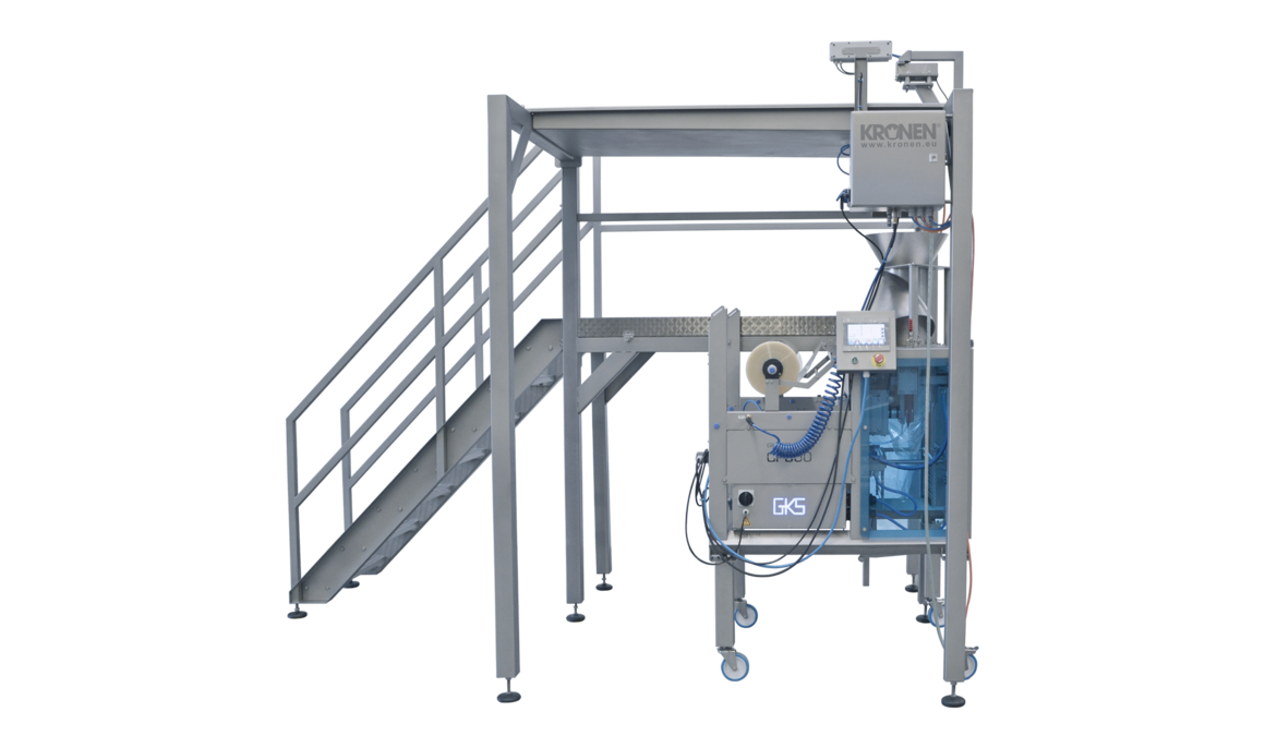 Weighing platform KWT 16 from KRONEN for the semi-automatic, ergonomic mixing, weighing and filling of pourable food and other products in representative bags