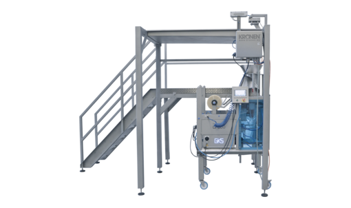 Weighing platform KWT 16 from KRONEN for the semi-automatic, ergonomic mixing, weighing and filling of pourable food and other products in representative bags