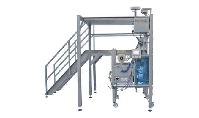 Weighing platform KWT 16 from KRONEN for the semi-automatic, ergonomic mixing, weighing and filling of pourable food and other products in representative bags