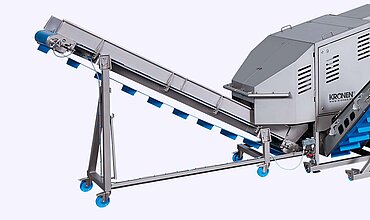 Cortadora de extremos TT450 de KRONEN - Banda de descarga móvil para el transporte cuidadoso de los productos procesados para continuar con el proceso.