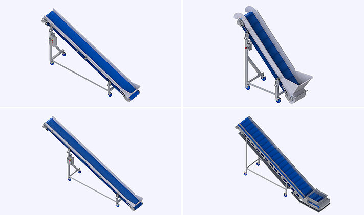 The PLUS and ECO conveyor belts from KRONEN are available in a wide range of different versions – e.g. with and without cleats as well as in different lengths, widths, heights and inclination angles etc.