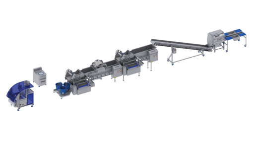 KRONEN Verarbeitungs- und Verpackungslinie für Salat und Gemüse bis 1.000 kg/h: Halbautomatische Komplettanlage zum Schneiden, Waschen, Trocknen, Verwiegen und Verpacken von Salat und Gemüse