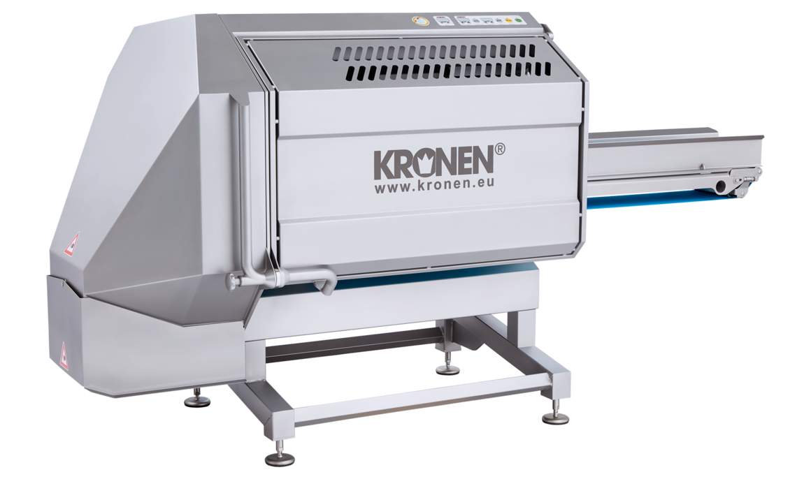 The multifunction machine GS 10 from KRONEN for the precise and gentle cutting of a wide range of different foods such as salad, vegetables, fruit, herbs, meat, cooked meats, fish, vegan substitute products and baked goods in very large quantities.