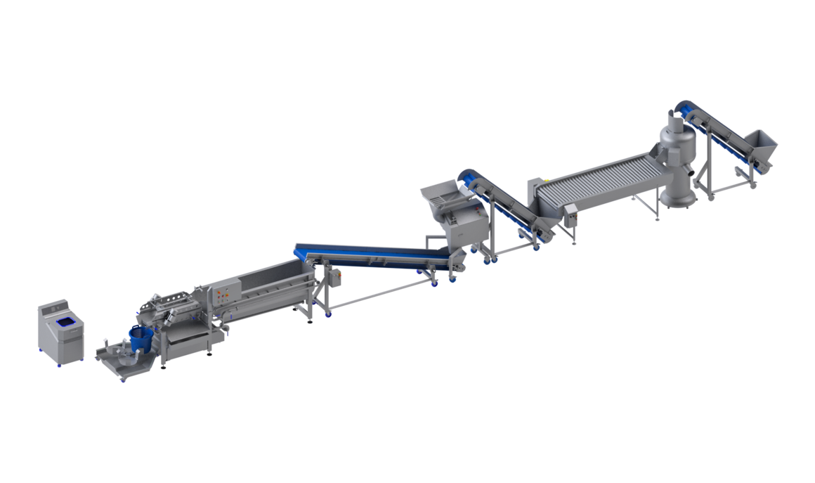 Línea procesadora de patatas, zanahorias, remolachas y apios de KRONEN para hasta 600 kg/h: instalación inicial semiautomática para el procesamiento de patatas