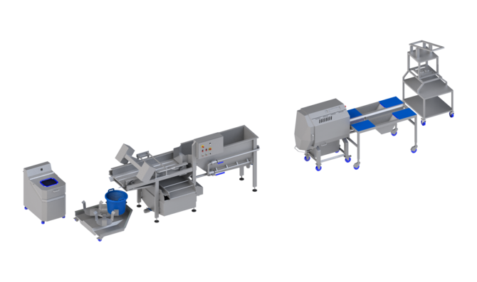 Chaîne de transformation pour les salades, les légumes et les fruits jusqu’à 400 kg/h : installation semi-automatique pour préparer, couper, laver et sécher les salades, légumes, fruits et produits végétaliens