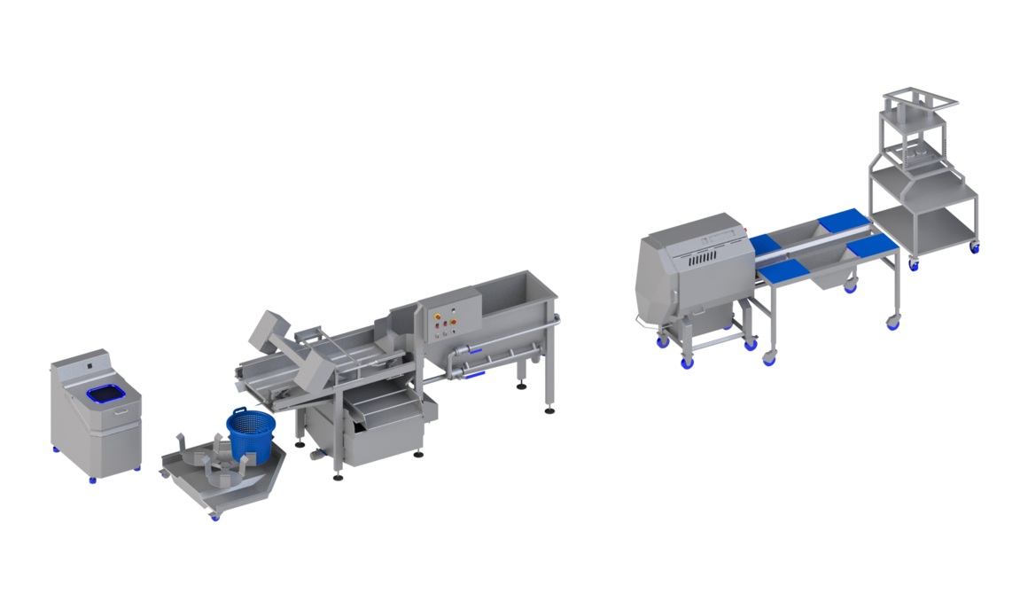 KRONEN processing line for salad, vegetables and fruit up to 400 kg/h: semi-automatic line for preparing, cutting, washing and drying salad, vegetables, fruit and vegan products