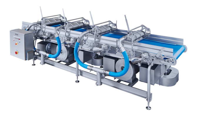 El sistema para quitar agua HFDS 5000/800 de KRONEN elimina el exceso de agua de frutas y hortalizas (enteras o cortadas)